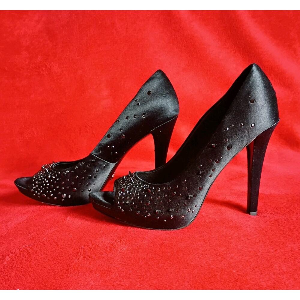 Black Satin Rhinestone Peep Toe Studded Stiletto Pumps Womens Size 7 ABS